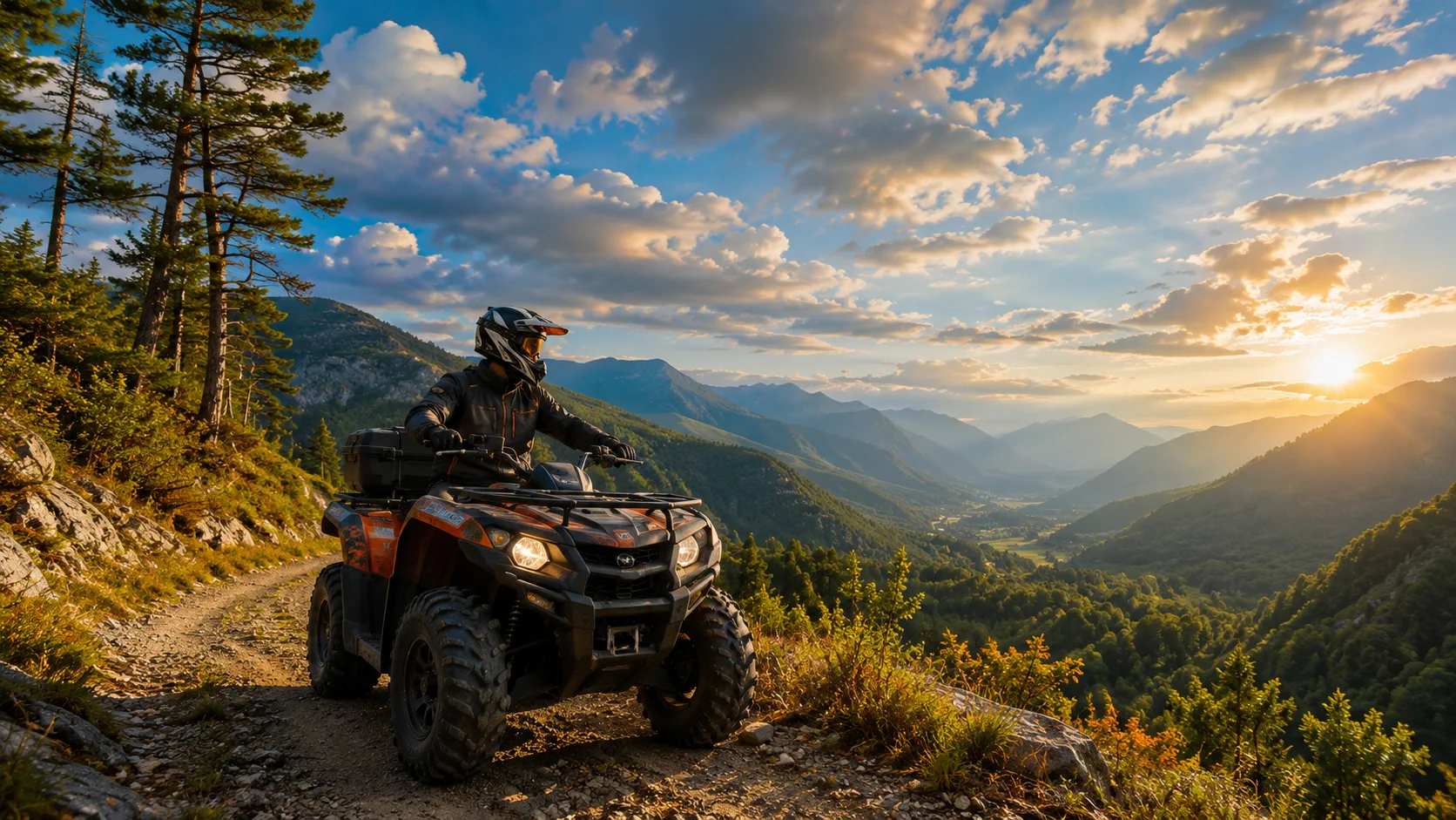 ขับ ATV บนเส้นทางออฟโรดมองเห็นหุบเขากว้างไกลยามแสงเย็นที่ภูผาม่าน