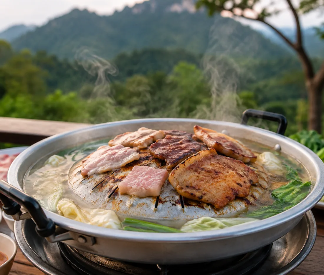 โต๊ะหมูกระทะกลางลานโล่งมองเห็นแนวเขายามเย็น